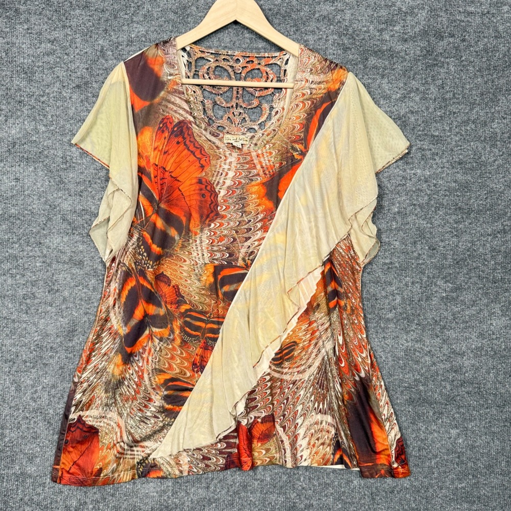 Live And Let Live Plus Size 1X Tunic Blouse Orange Butterfly Liquid Knit Sheer‎